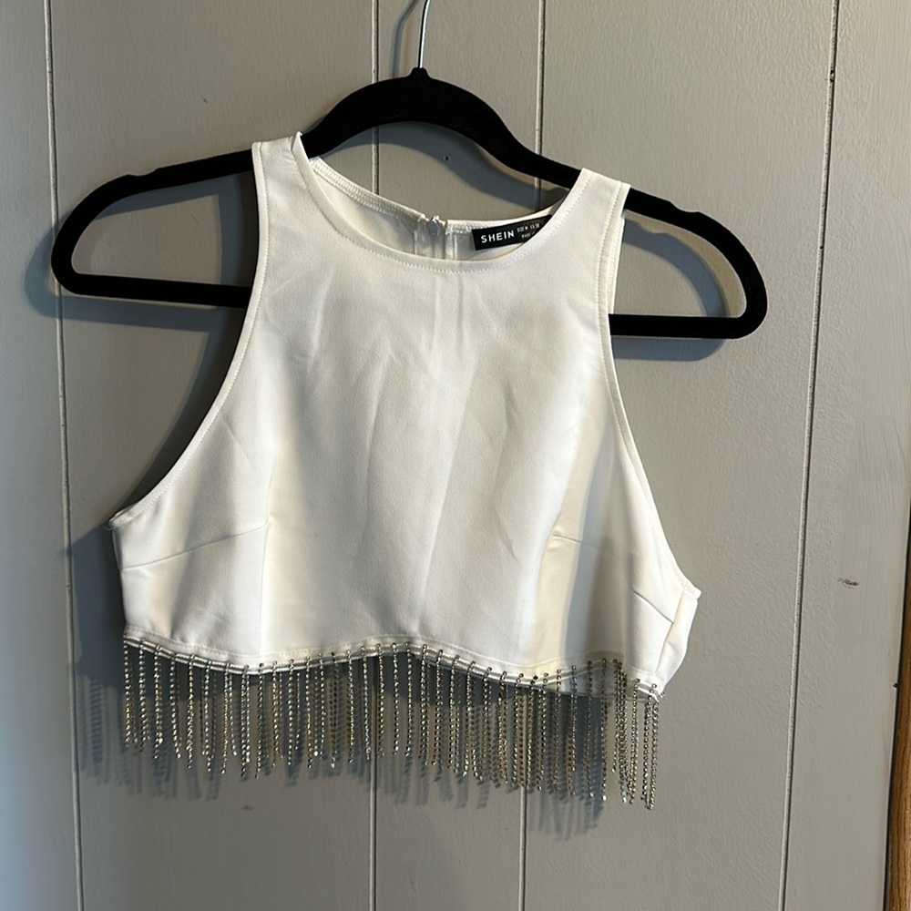 White crop top with rhinestone fringe